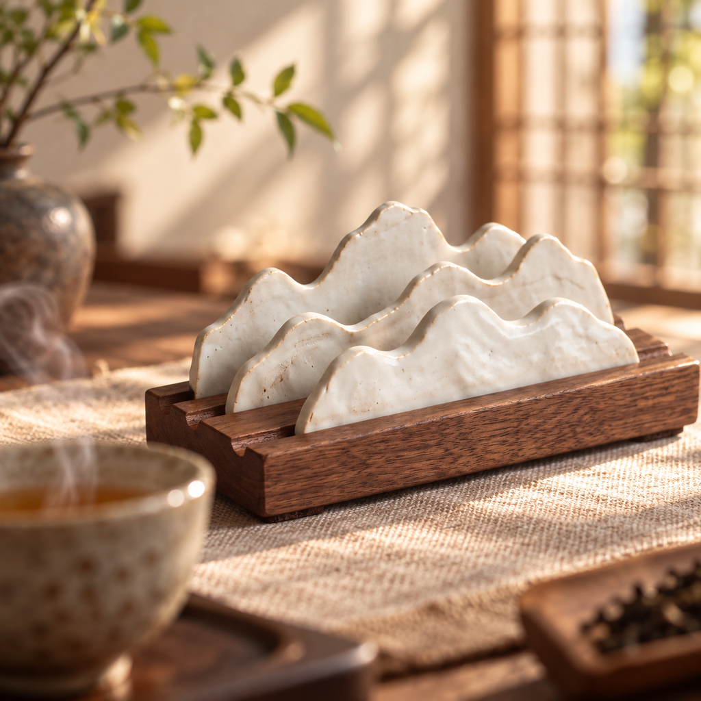 Misty Peaks — Handcrafted Porcelain Brush Rest in Black Walnut