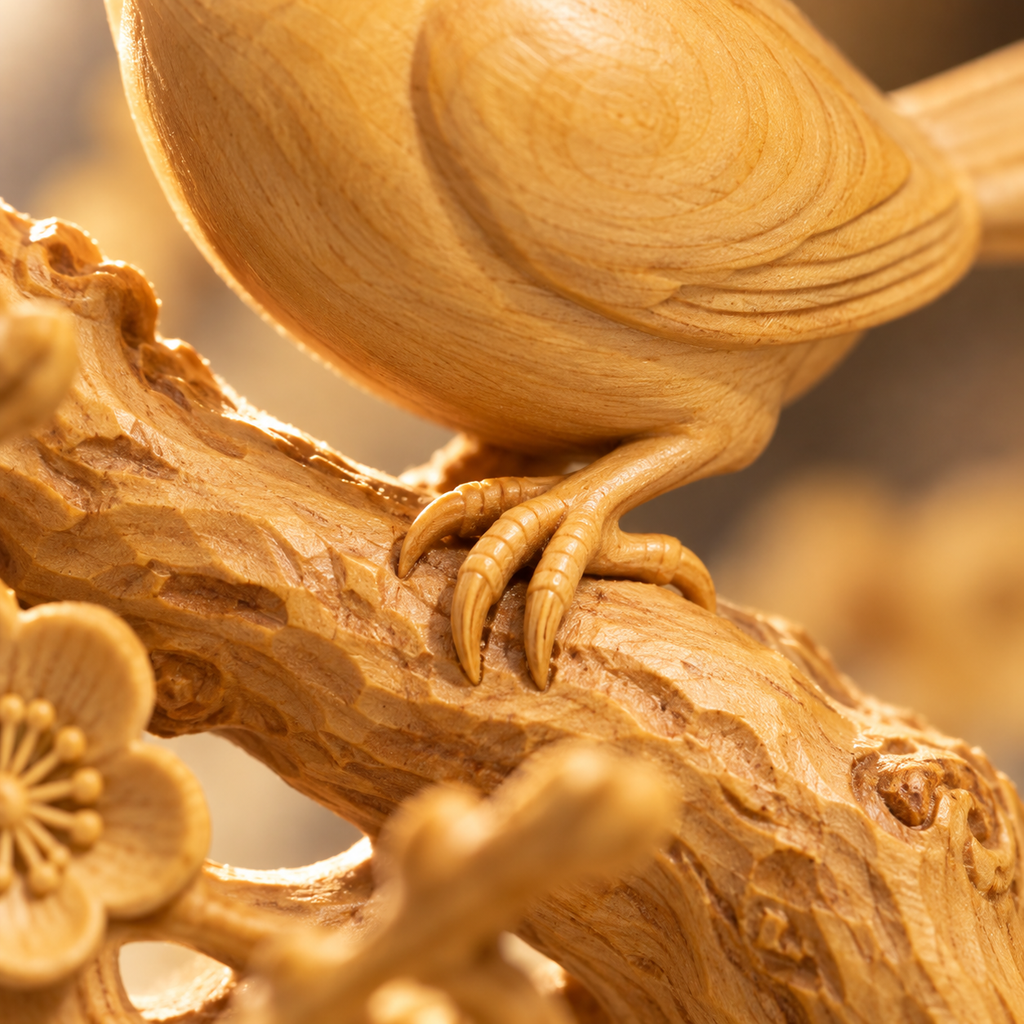 The Plum Branch — Hand-Carved Boxwood "Joy Upon the Brow" Sculpture