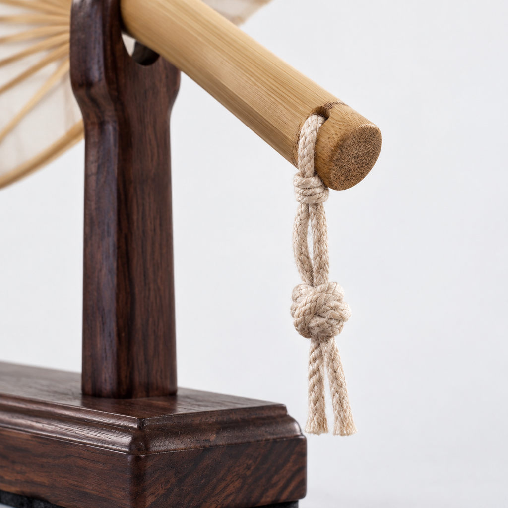 The Round Fan & Stand — Handmade Bamboo Cotton-Linen Fan with Dark Wood Display Stand