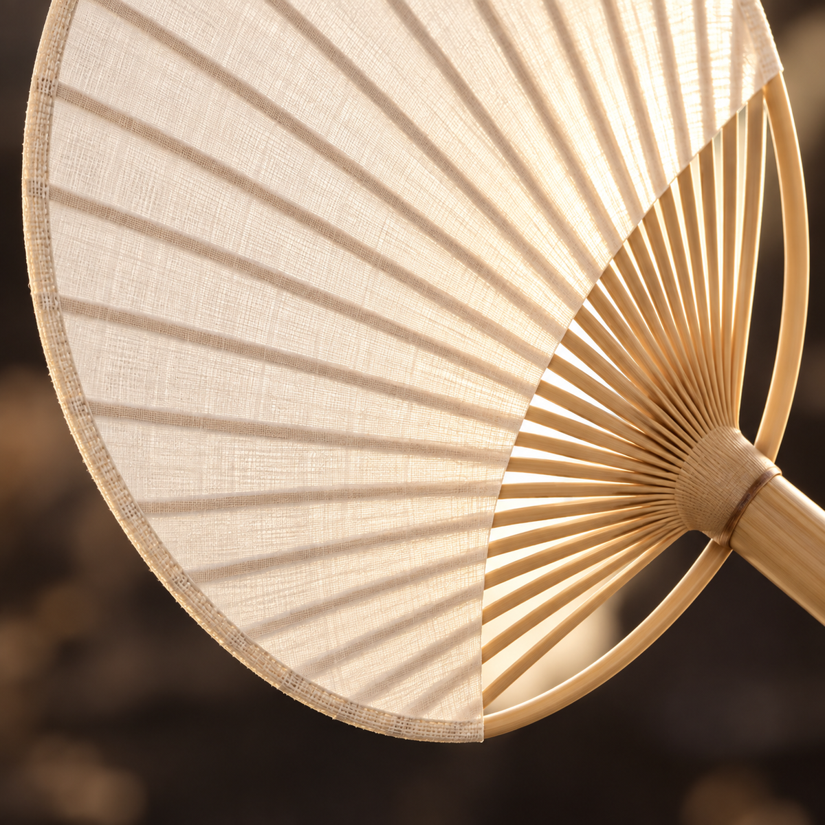 The Round Fan & Stand — Handmade Bamboo Cotton-Linen Fan with Dark Wood Display Stand