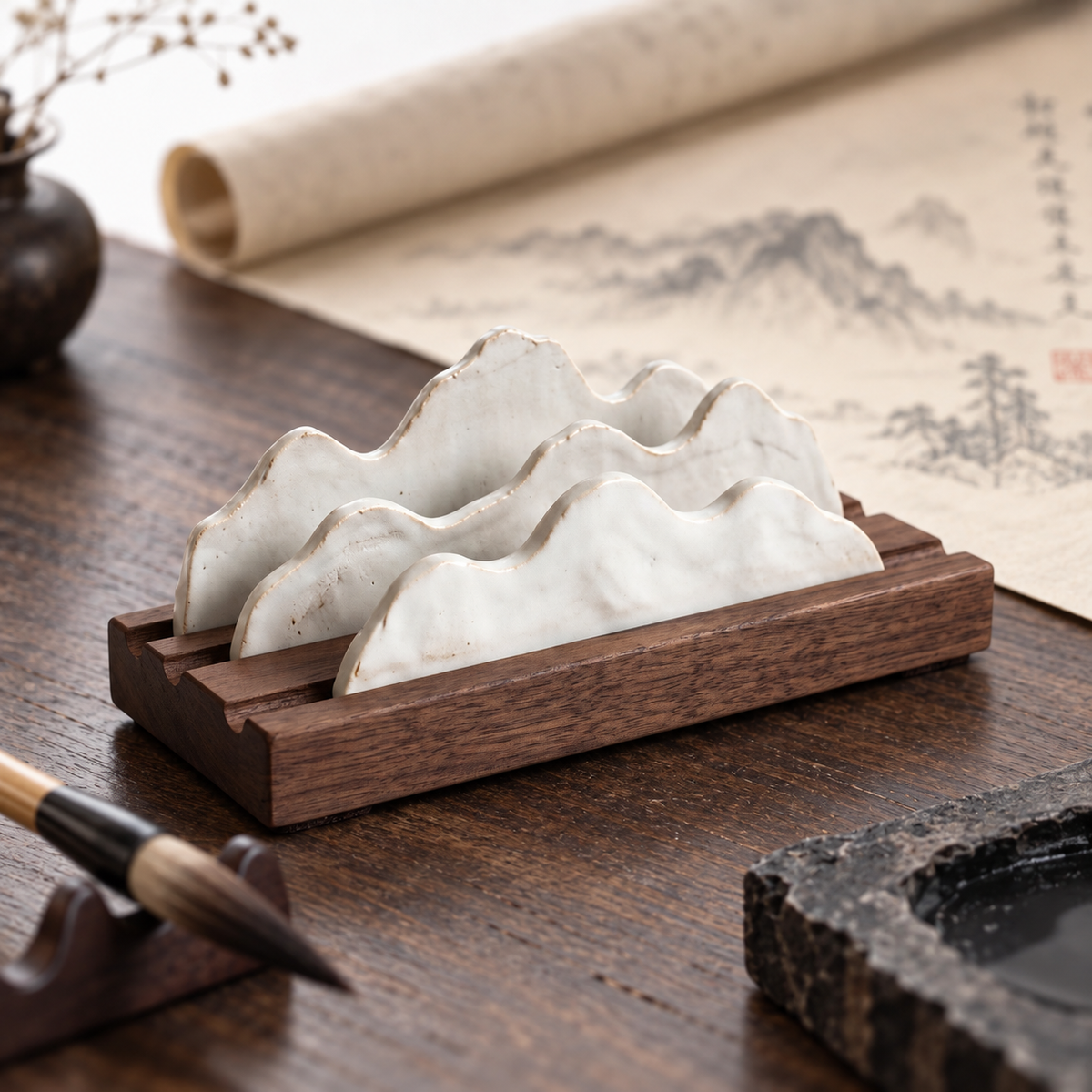 Misty Peaks — Handcrafted Porcelain Brush Rest in Black Walnut