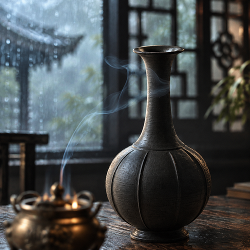 The Melon Vase — Hand-Thrown Black Stoneware Long-Neck Vase