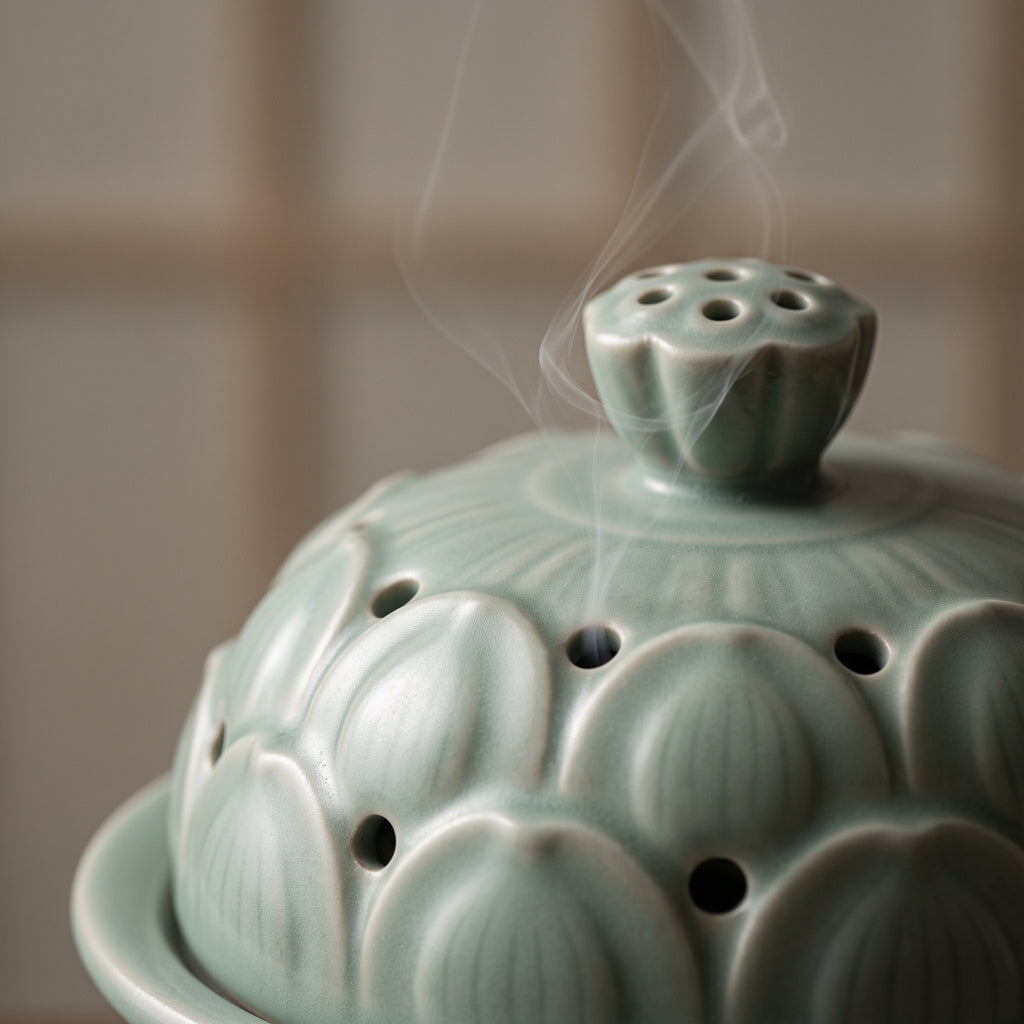 The Lotus Censer — Hand-Carved Celadon Porcelain Incense Burner