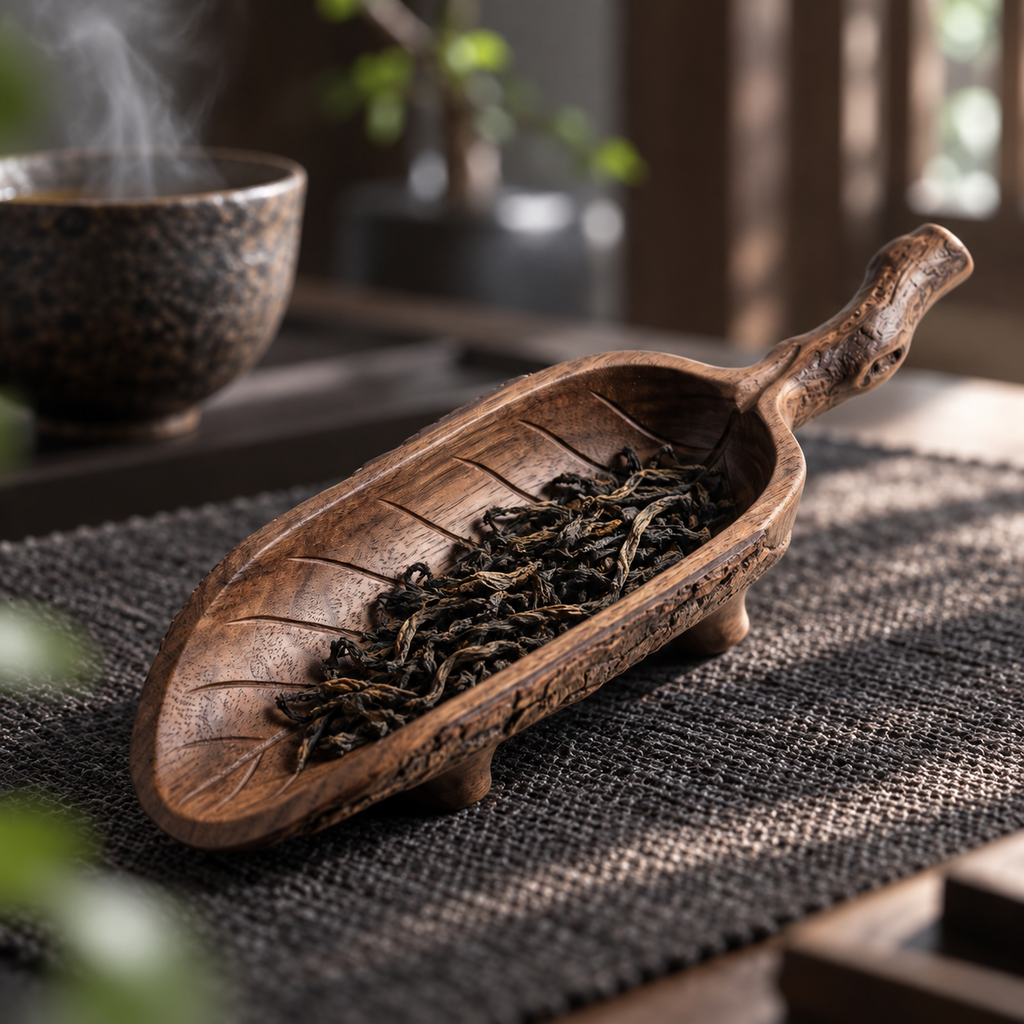 The Leaf Scoop — Hand-Carved Black Walnut Leaf-Shape Tea Scoop with Branch Handle