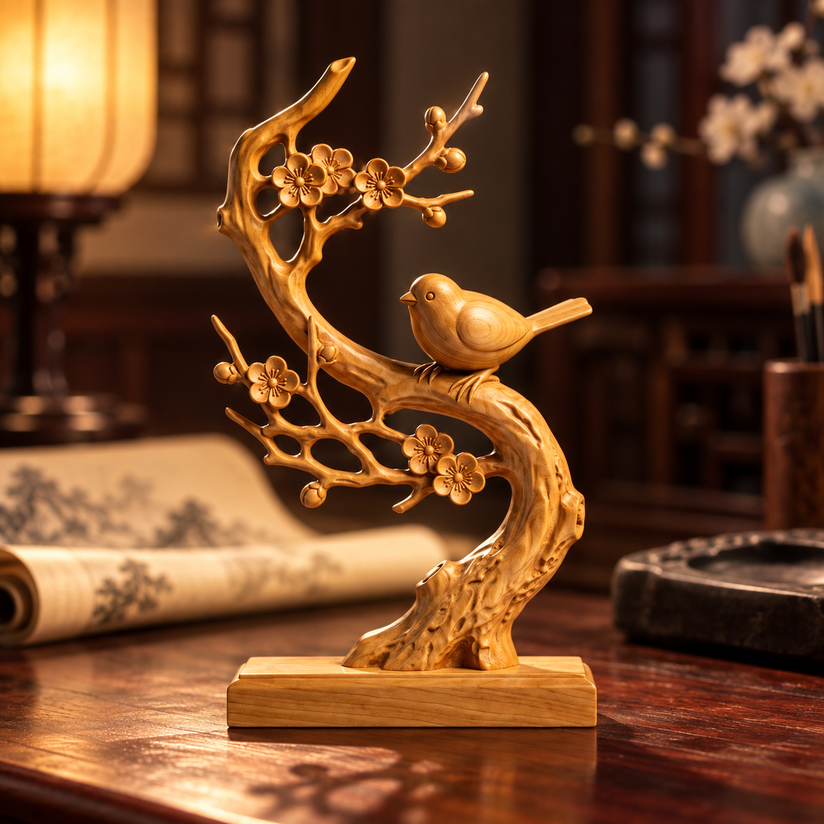 The Plum Branch — Hand-Carved Boxwood "Joy Upon the Brow" Sculpture