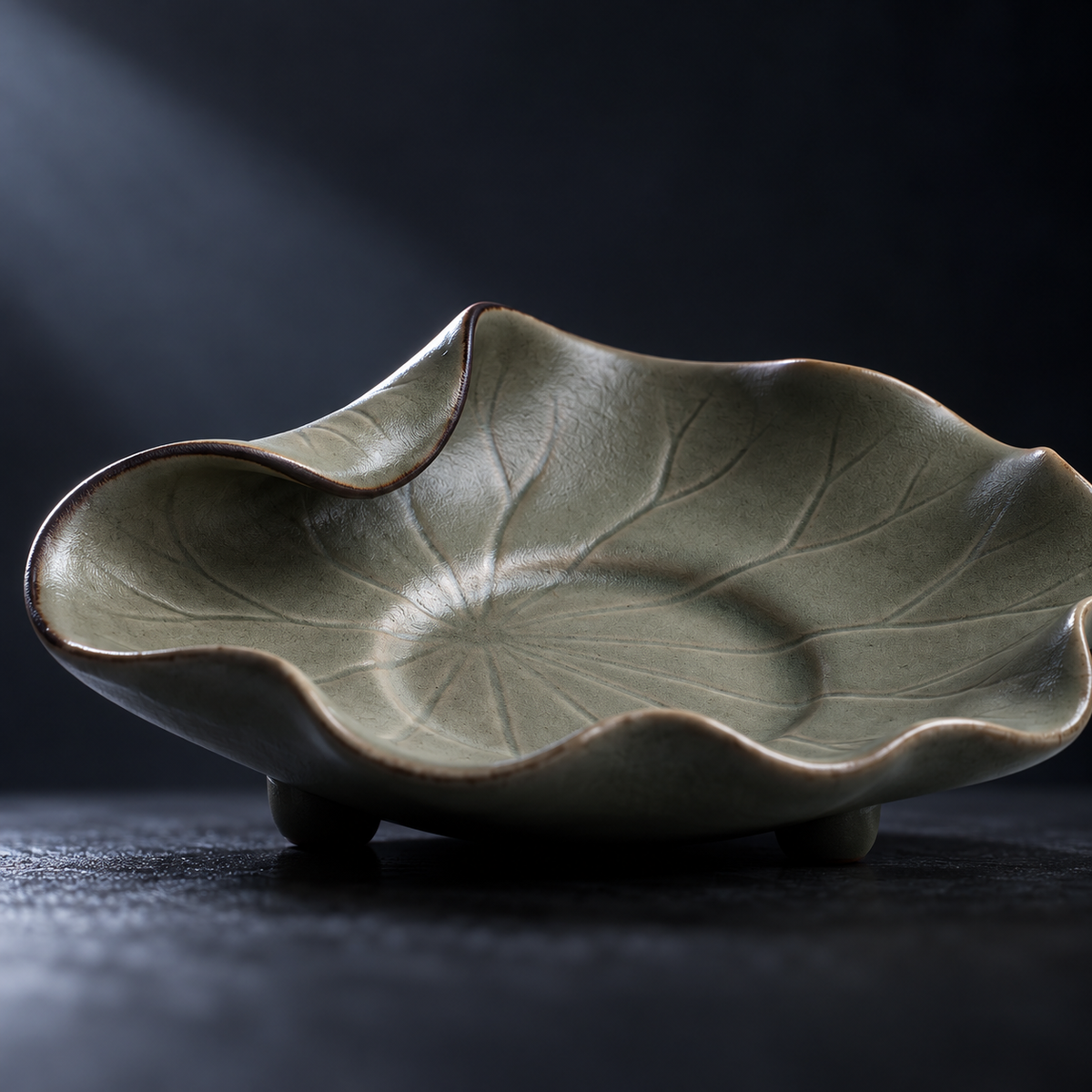 The Lotus Leaf — Hand-Thrown Crackled Celadon Lotus-Leaf Dish with Three Feet