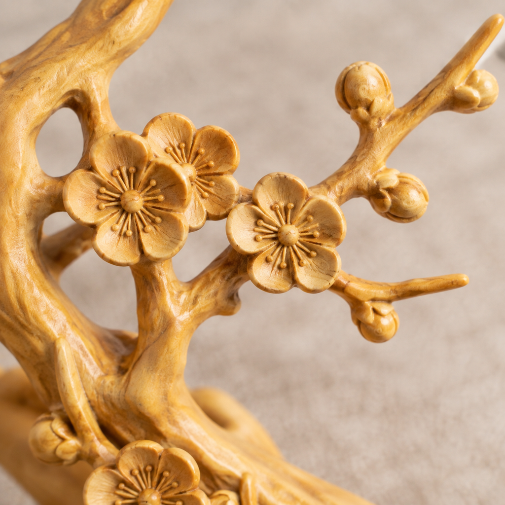 The Plum Branch — Hand-Carved Boxwood "Joy Upon the Brow" Sculpture