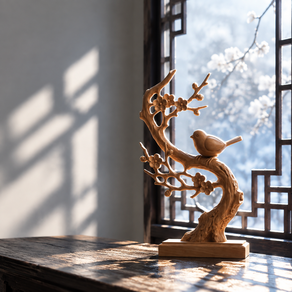 The Plum Branch — Hand-Carved Boxwood "Joy Upon the Brow" Sculpture