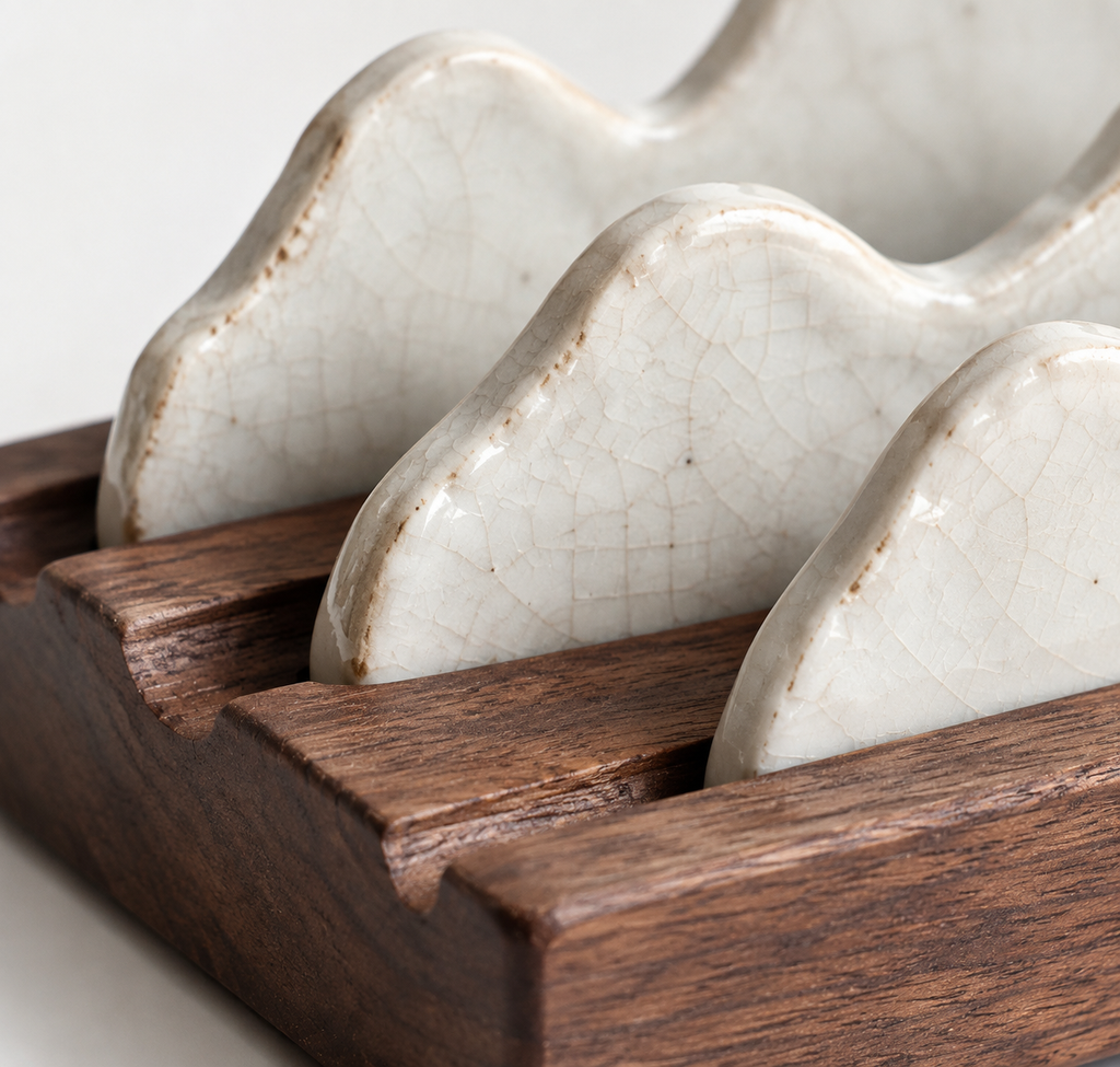 Misty Peaks — Handcrafted Porcelain Brush Rest in Black Walnut