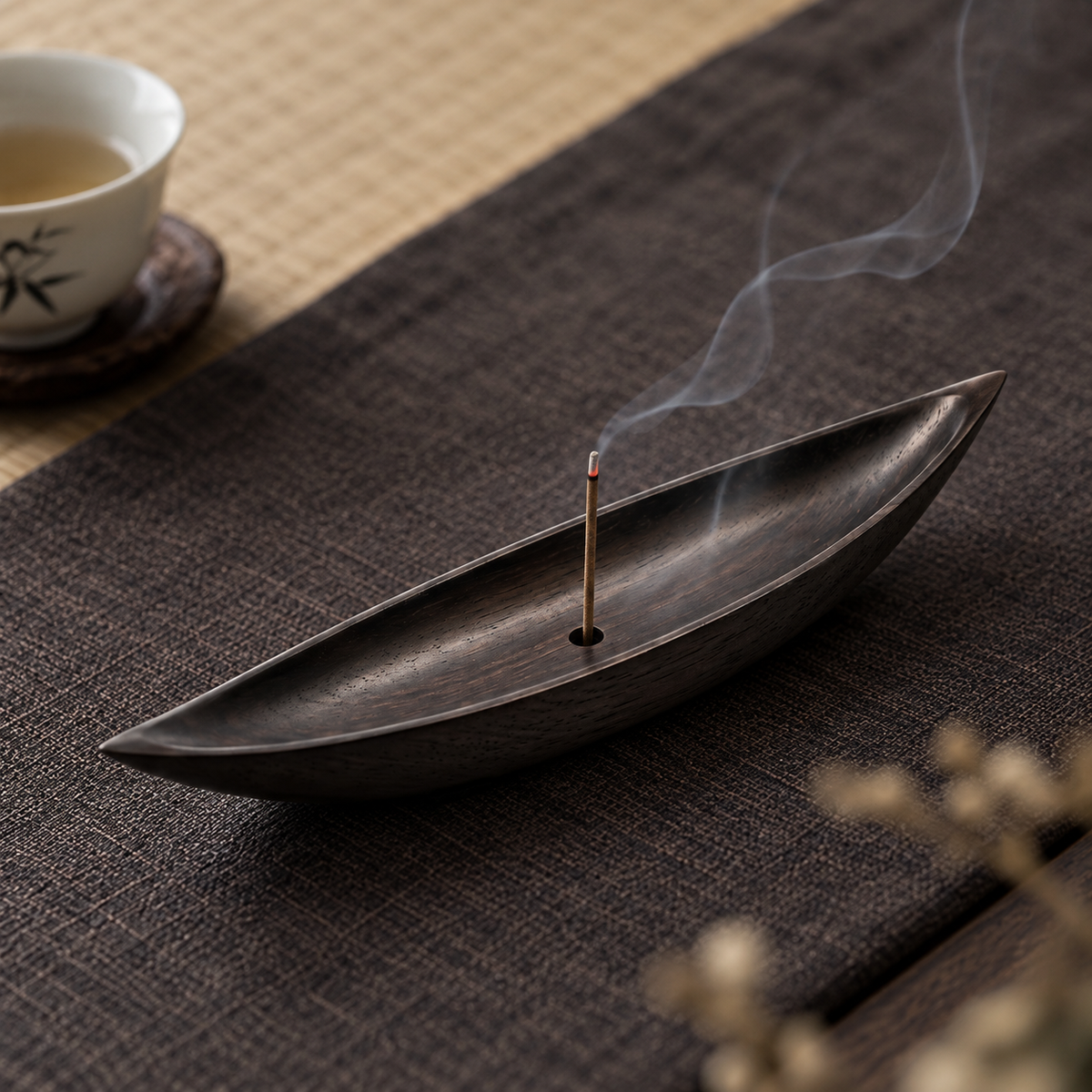 The Lone Boat — Hand-Carved Black Walnut Incense Holder