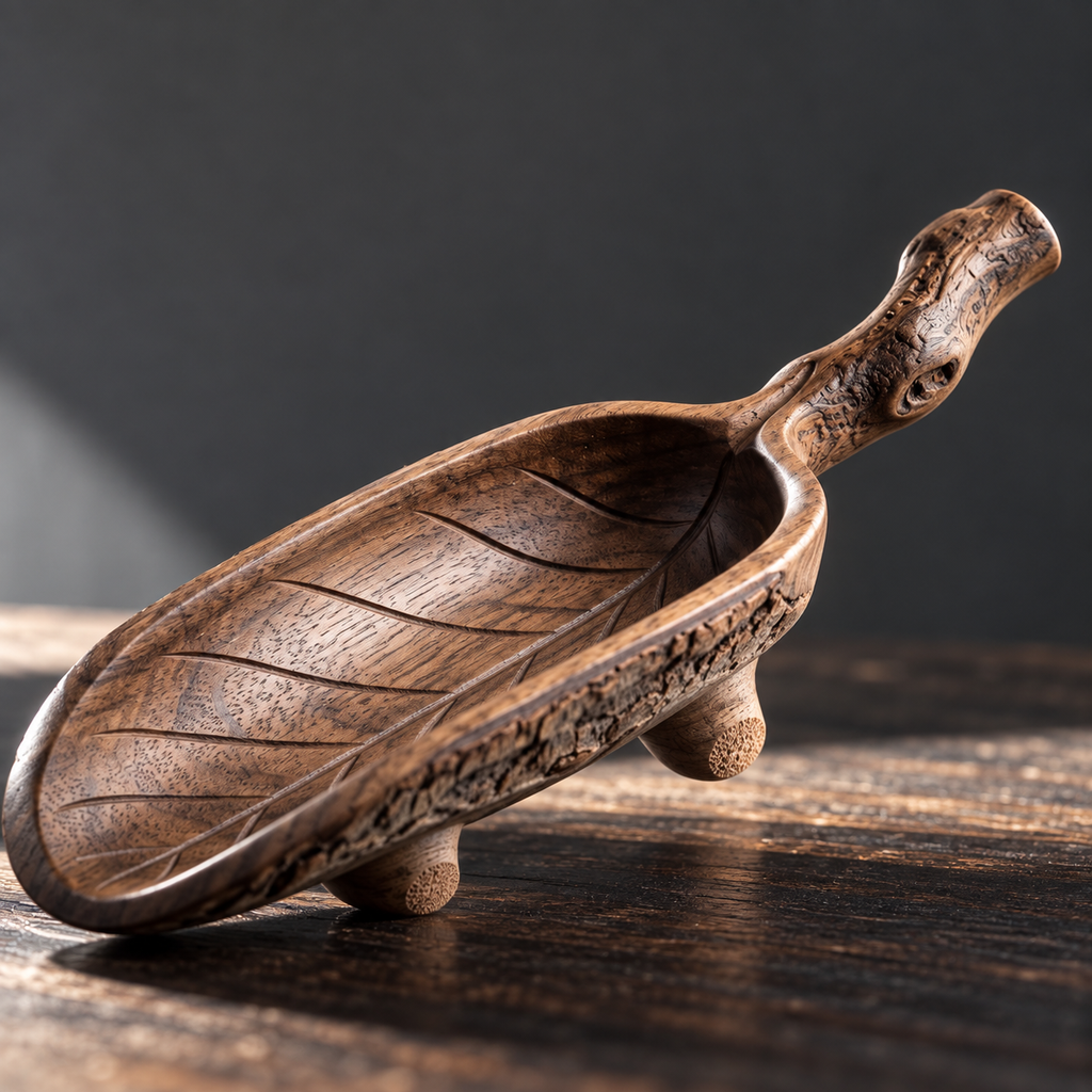 The Leaf Scoop — Hand-Carved Black Walnut Leaf-Shape Tea Scoop with Branch Handle