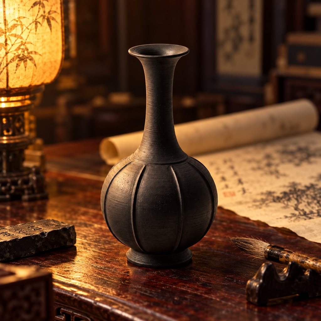 The Melon Vase — Hand-Thrown Black Stoneware Long-Neck Vase