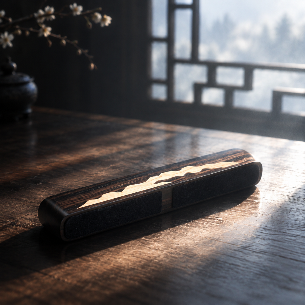 The Distant Mountains — Hand-Carved Ebony Paperweight with Maple Mountain Inlay