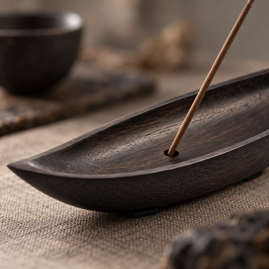 The Lone Boat — Hand-Carved Black Walnut Incense Holder