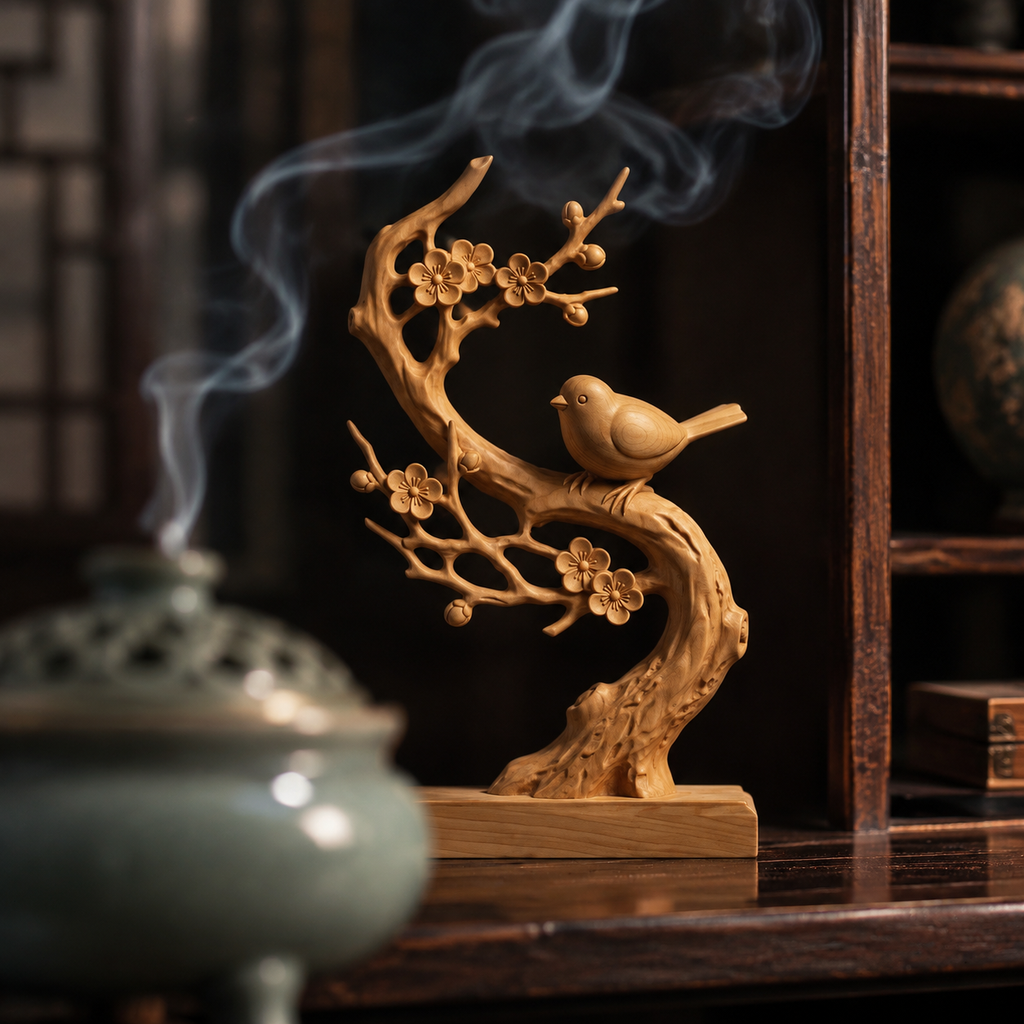 The Plum Branch — Hand-Carved Boxwood "Joy Upon the Brow" Sculpture