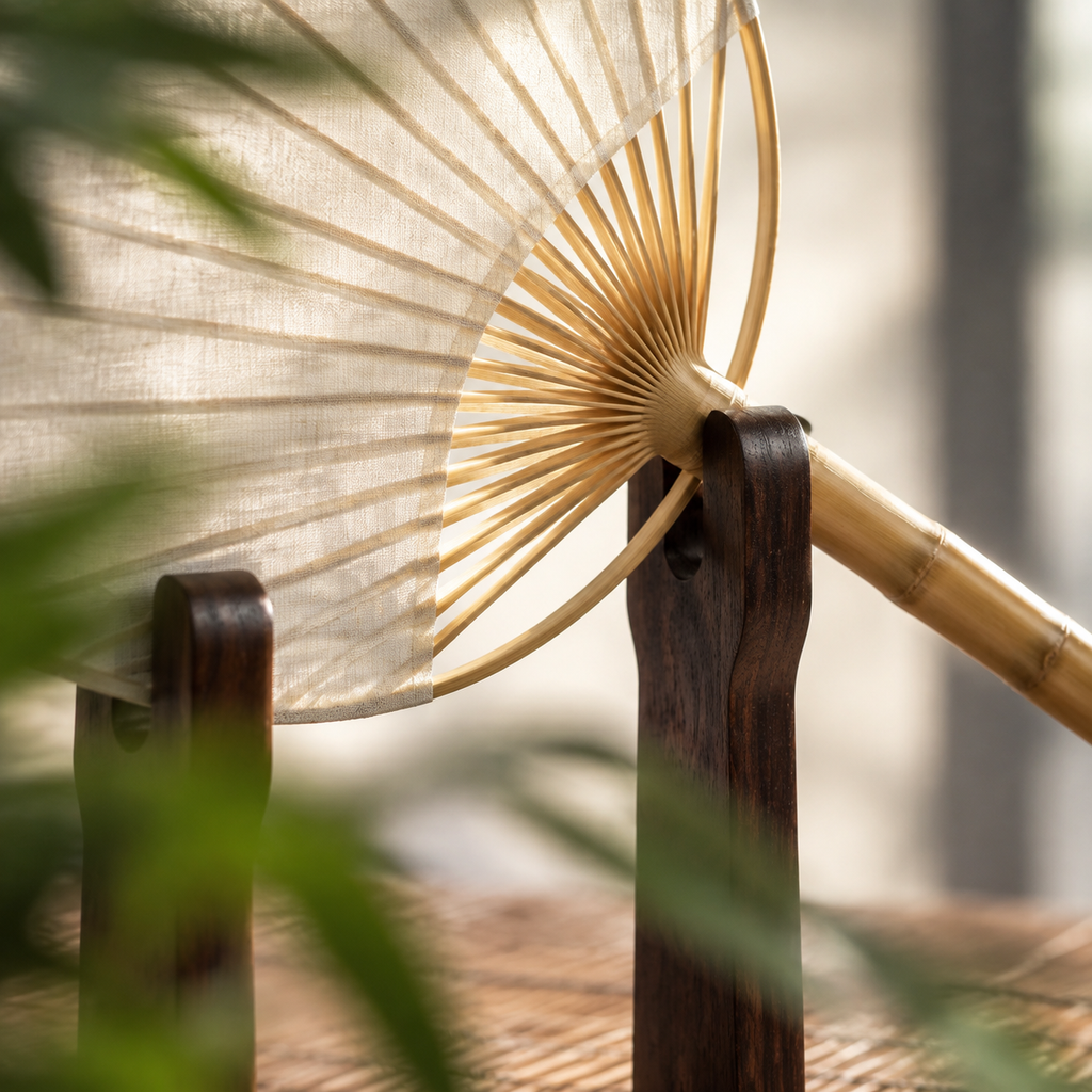 The Round Fan & Stand — Handmade Bamboo Cotton-Linen Fan with Dark Wood Display Stand