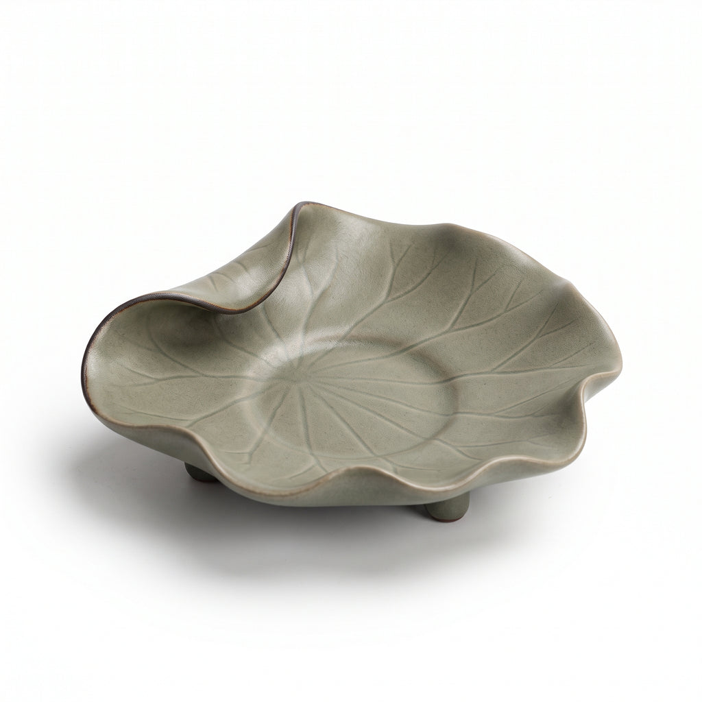 The Lotus Leaf — Hand-Thrown Crackled Celadon Lotus-Leaf Dish with Three Feet