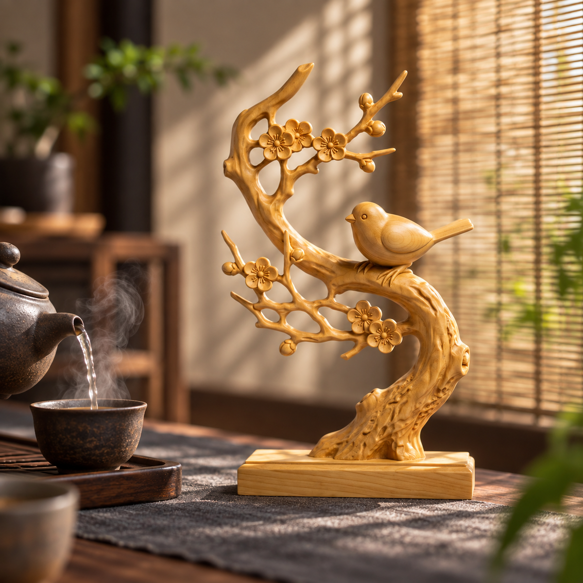 The Plum Branch — Hand-Carved Boxwood "Joy Upon the Brow" Sculpture