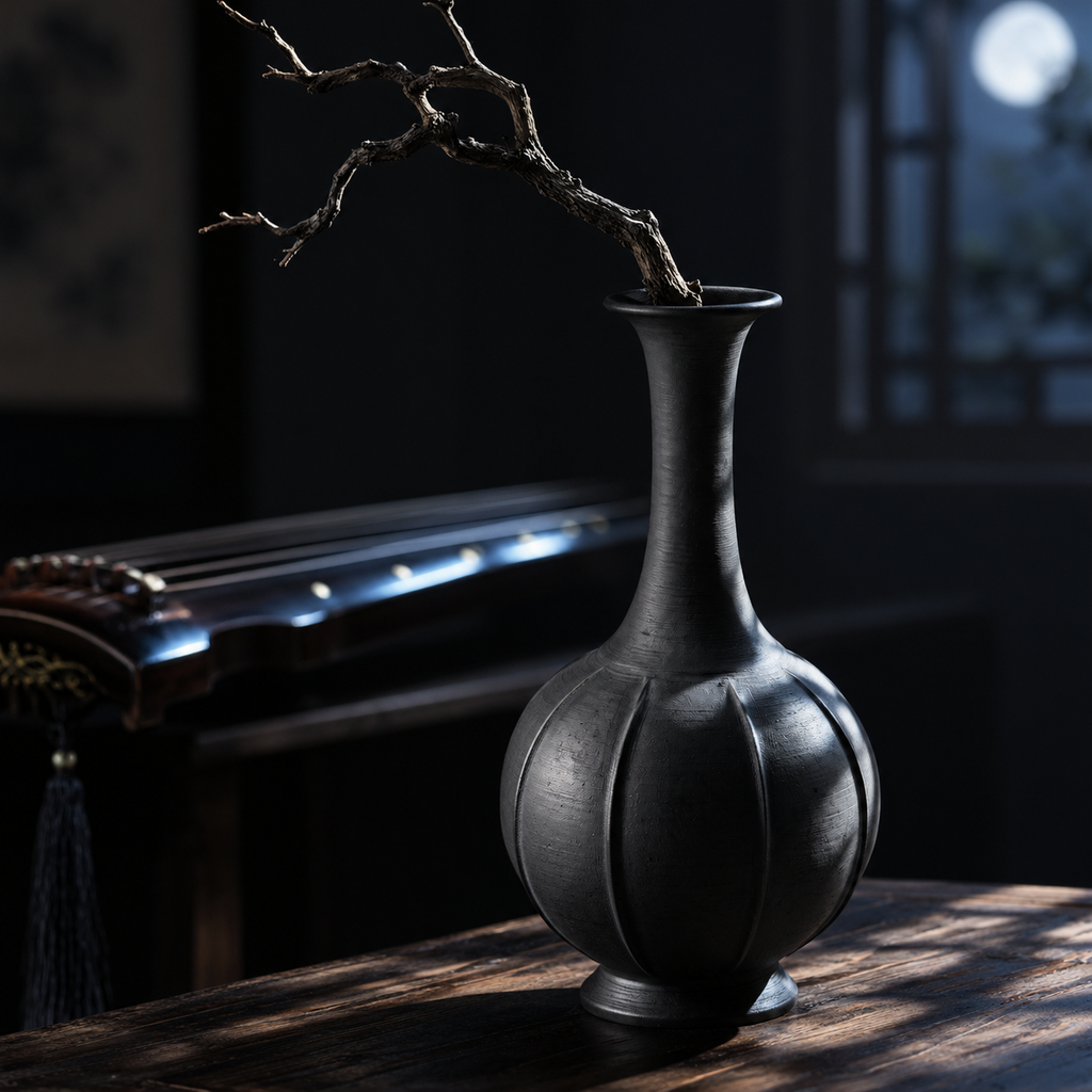 The Melon Vase — Hand-Thrown Black Stoneware Long-Neck Vase