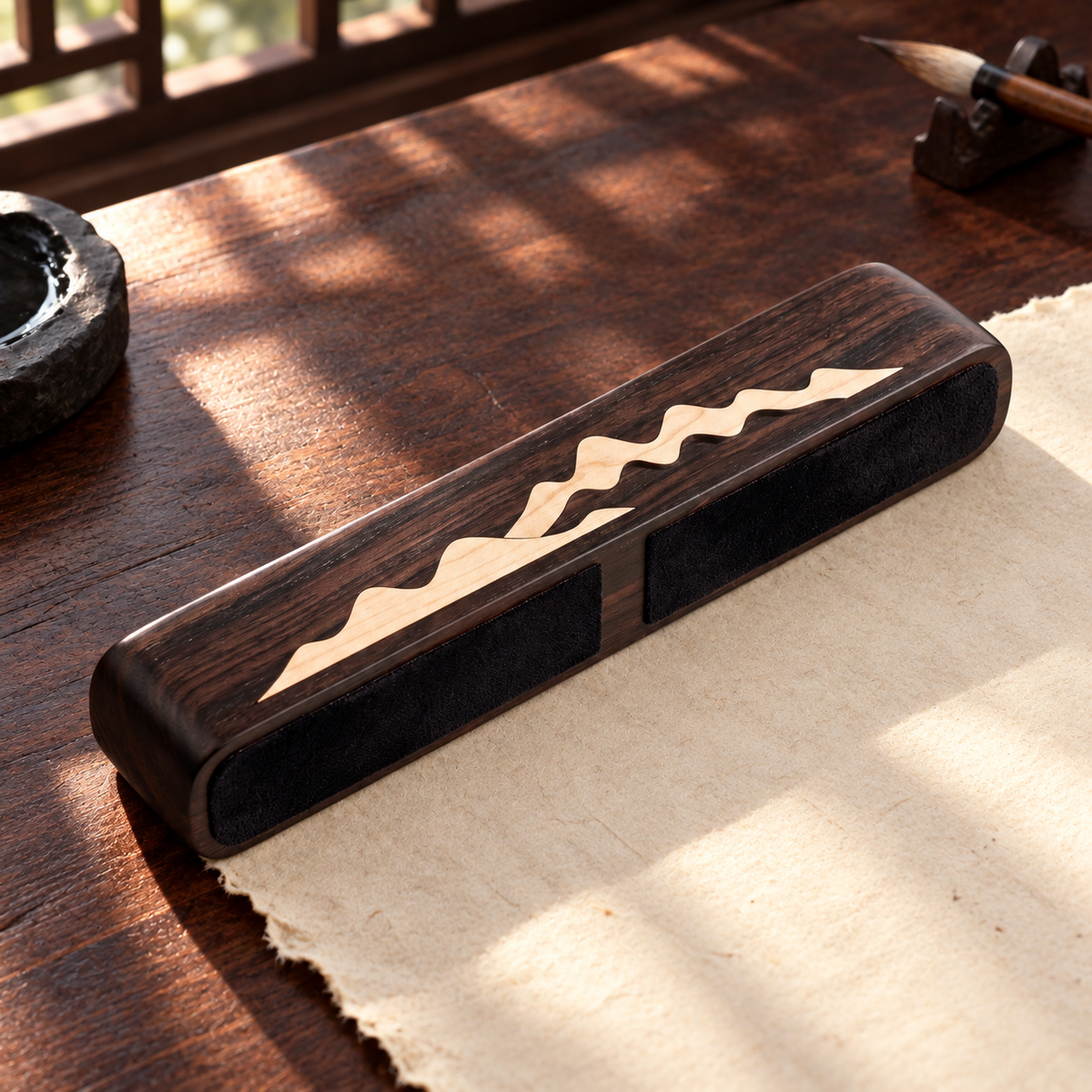 The Distant Mountains — Hand-Carved Ebony Paperweight with Maple Mountain Inlay