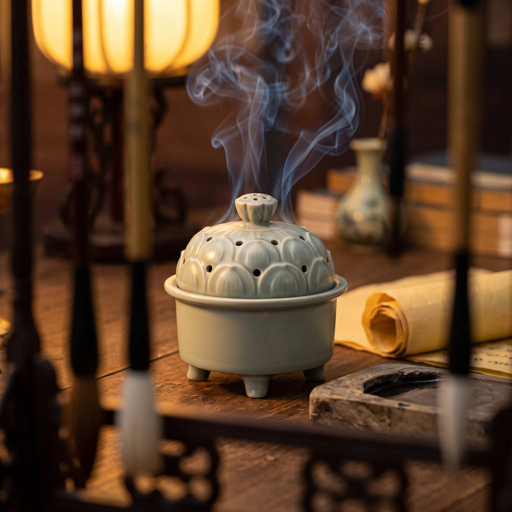The Lotus Censer — Hand-Carved Celadon Porcelain Incense Burner