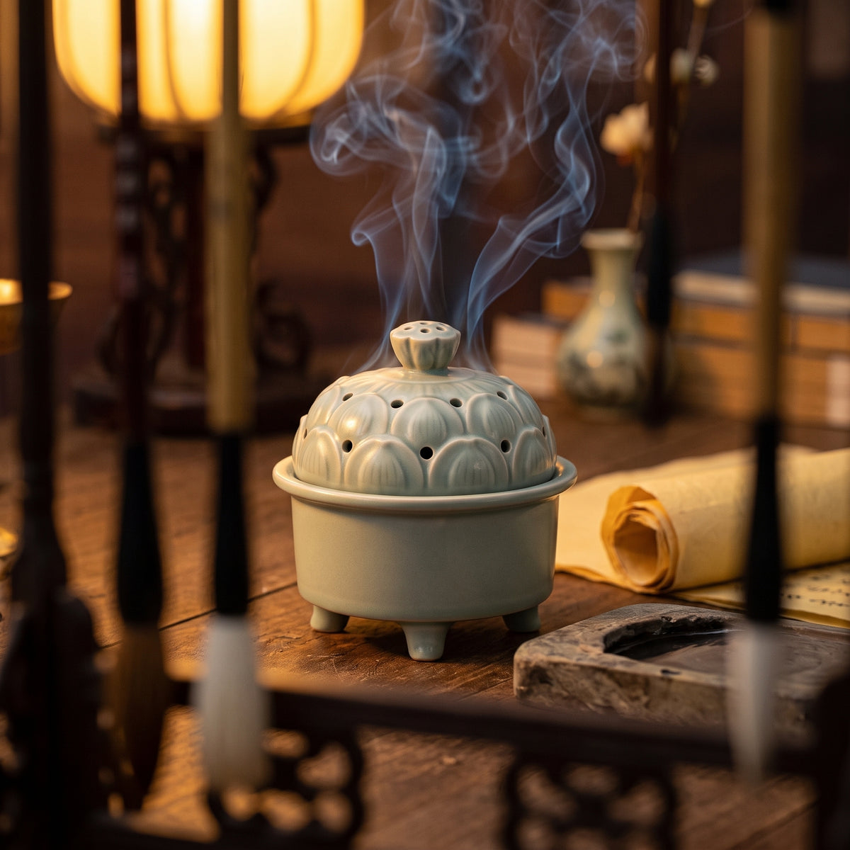 The Lotus Censer — Hand-Carved Celadon Porcelain Incense Burner