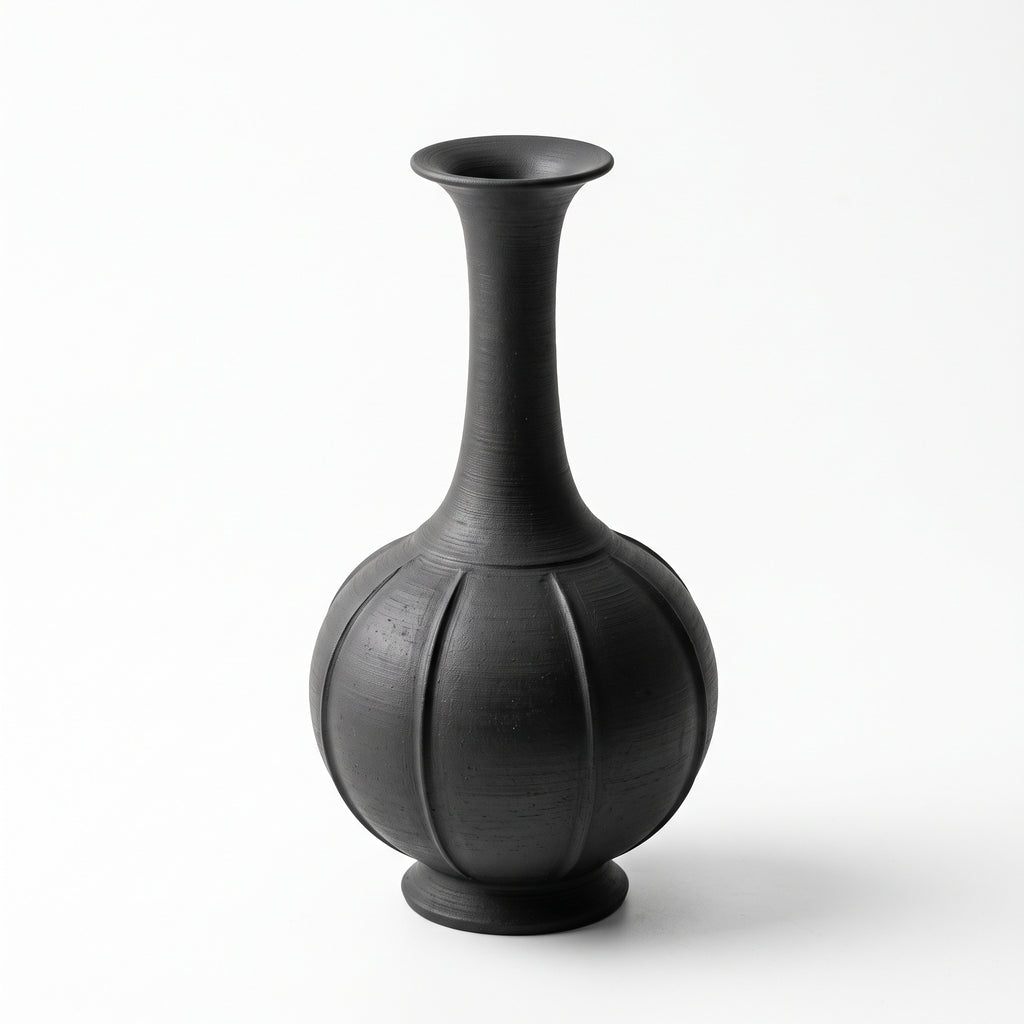 The Melon Vase — Hand-Thrown Black Stoneware Long-Neck Vase