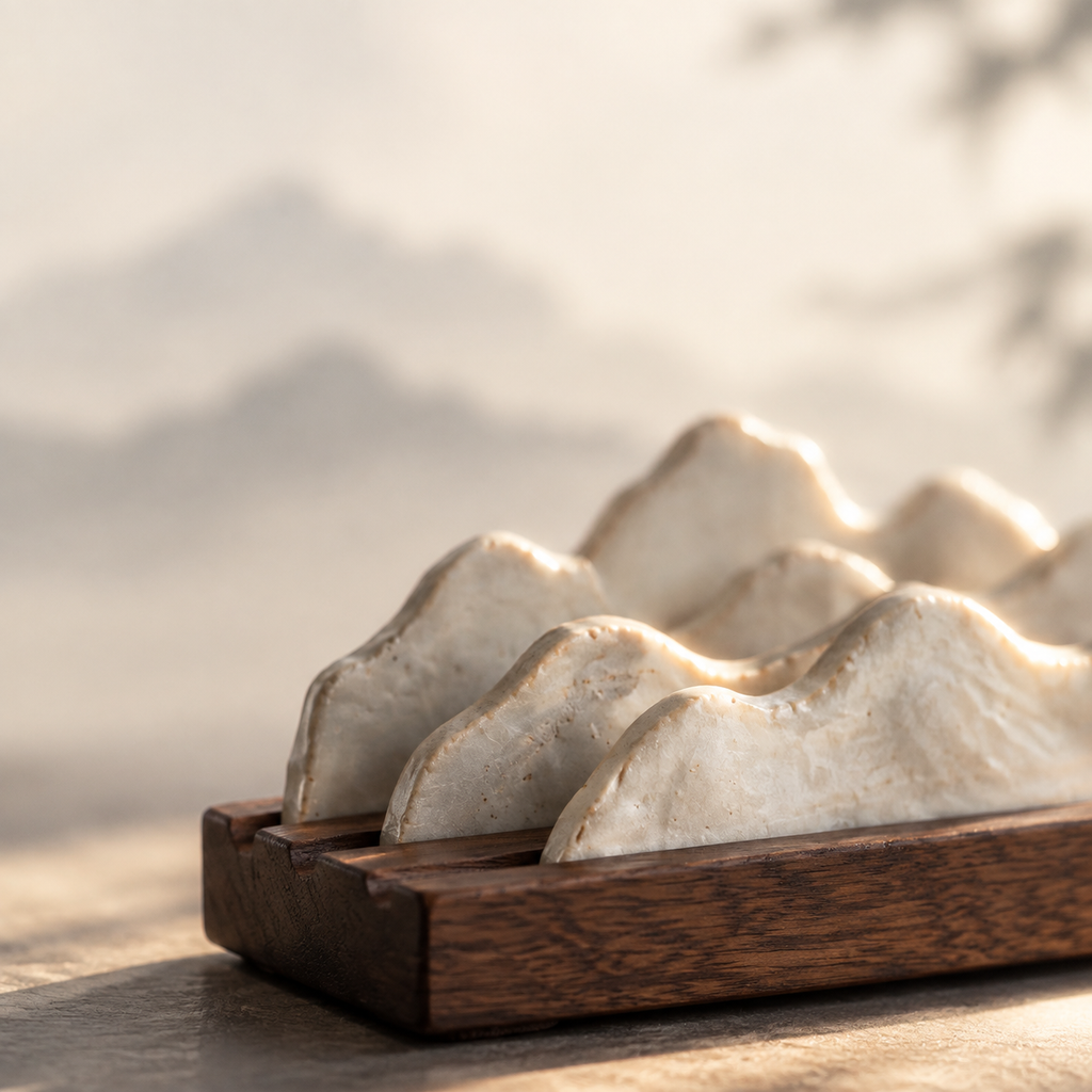 Misty Peaks — Handcrafted Porcelain Brush Rest in Black Walnut