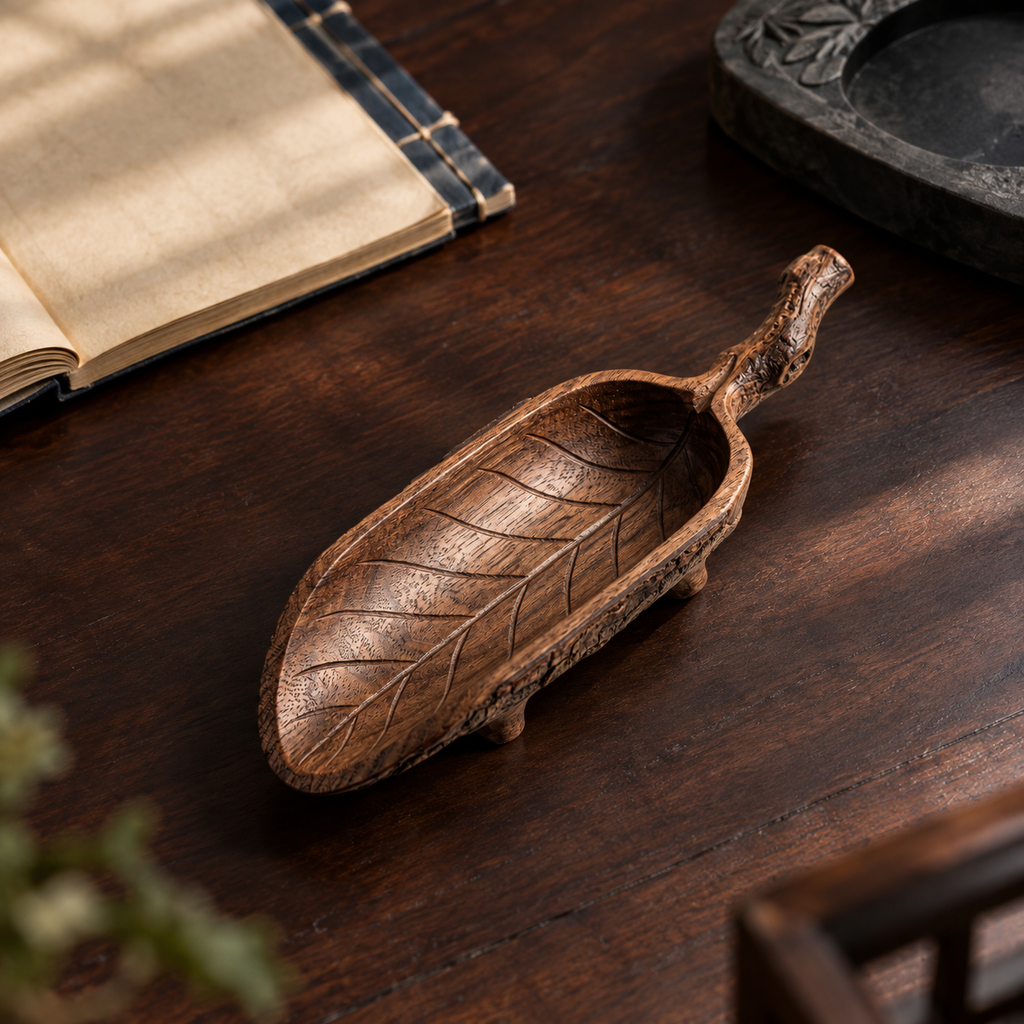 The Leaf Scoop — Hand-Carved Black Walnut Leaf-Shape Tea Scoop with Branch Handle