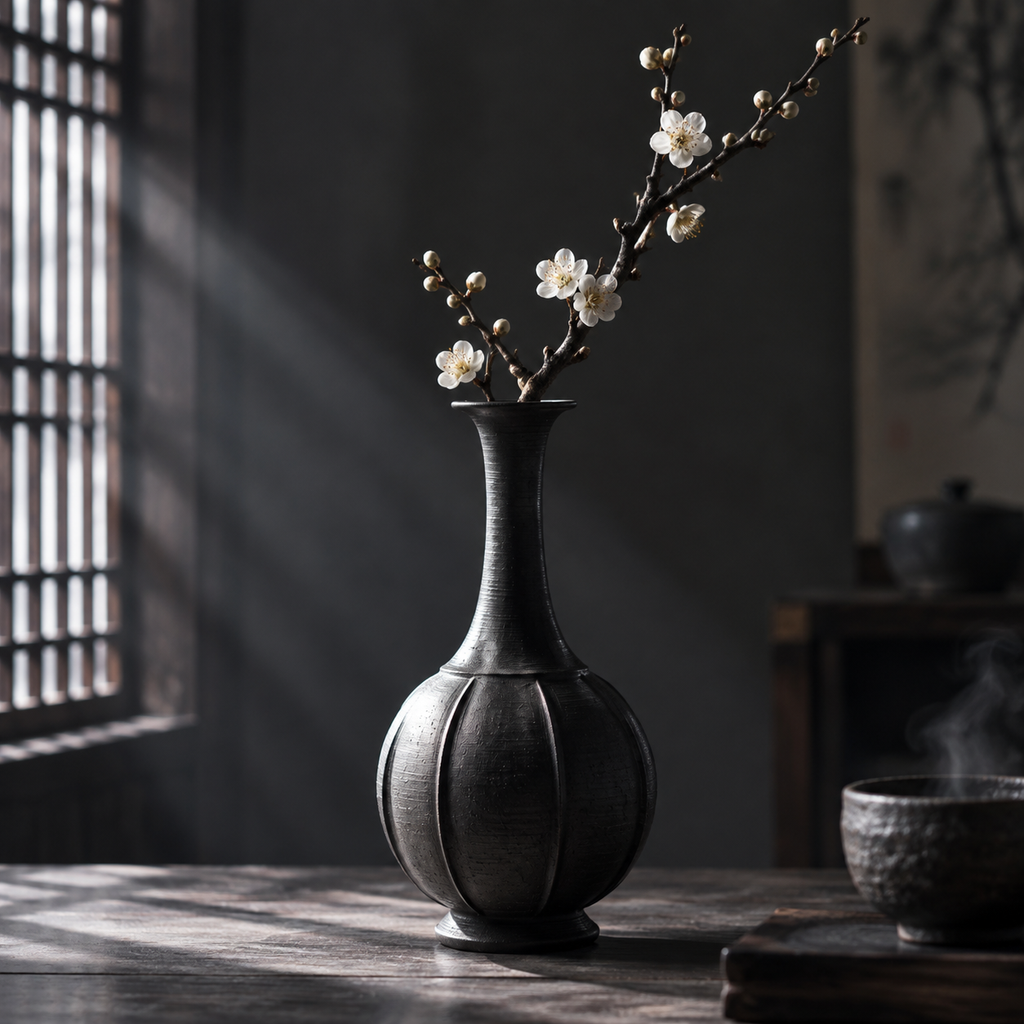 The Melon Vase — Hand-Thrown Black Stoneware Long-Neck Vase