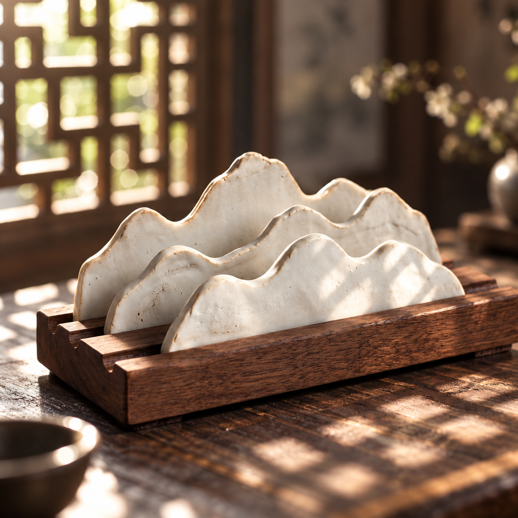 Misty Peaks — Handcrafted Porcelain Brush Rest in Black Walnut