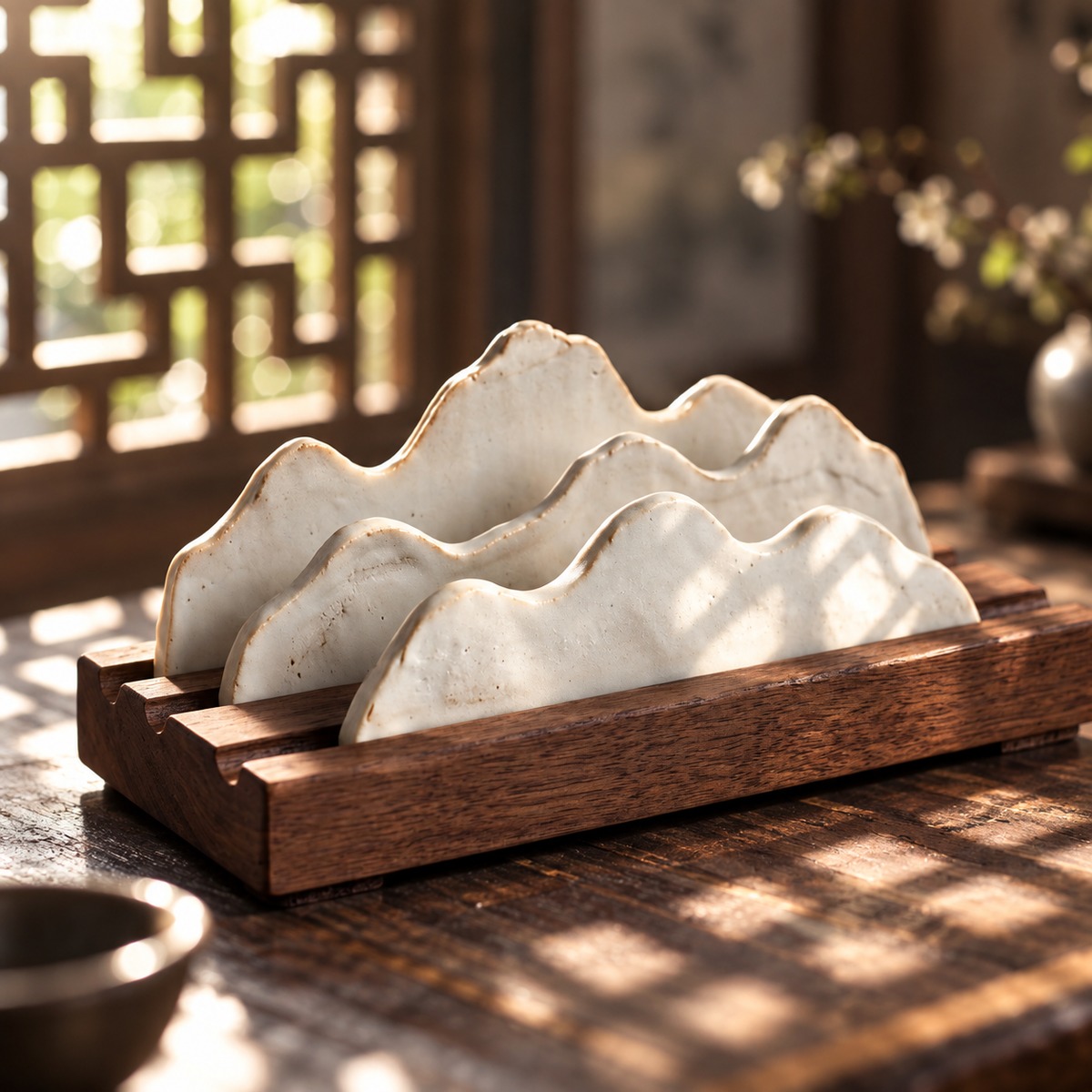 Misty Peaks — Handcrafted Porcelain Brush Rest in Black Walnut