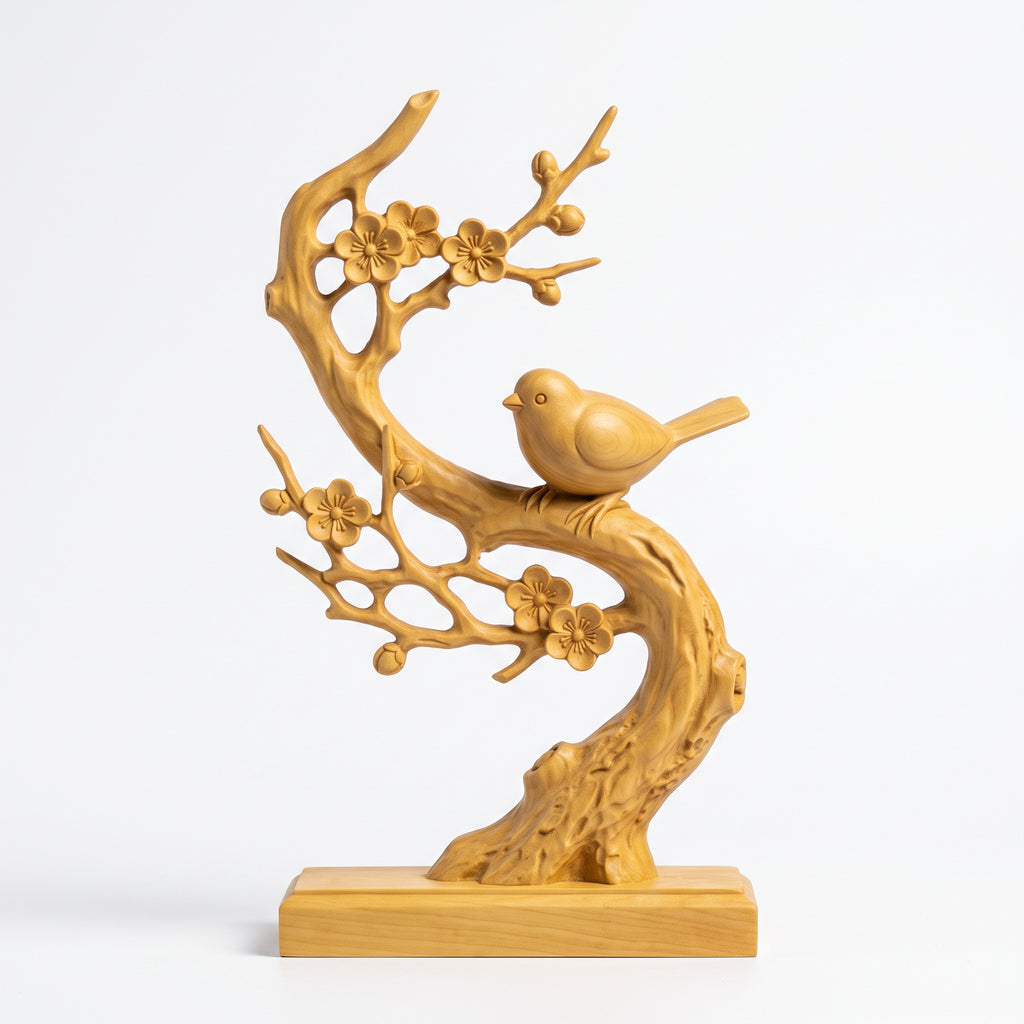 The Plum Branch — Hand-Carved Boxwood "Joy Upon the Brow" Sculpture
