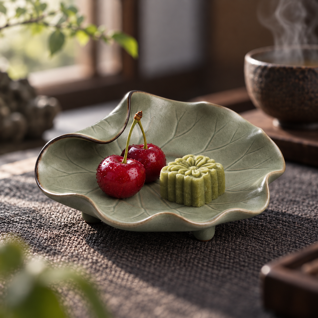The Lotus Leaf — Hand-Thrown Crackled Celadon Lotus-Leaf Dish with Three Feet