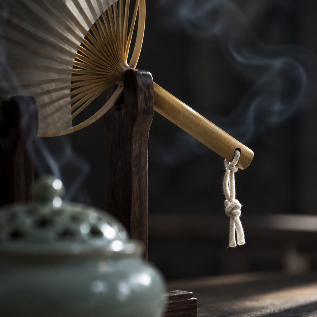 The Round Fan & Stand — Handmade Bamboo Cotton-Linen Fan with Dark Wood Display Stand