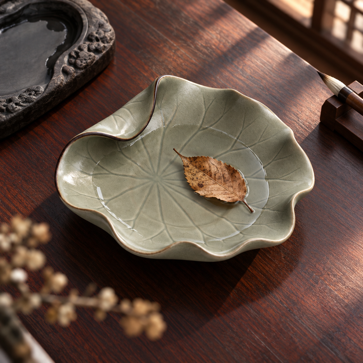The Lotus Leaf — Hand-Thrown Crackled Celadon Lotus-Leaf Dish with Three Feet