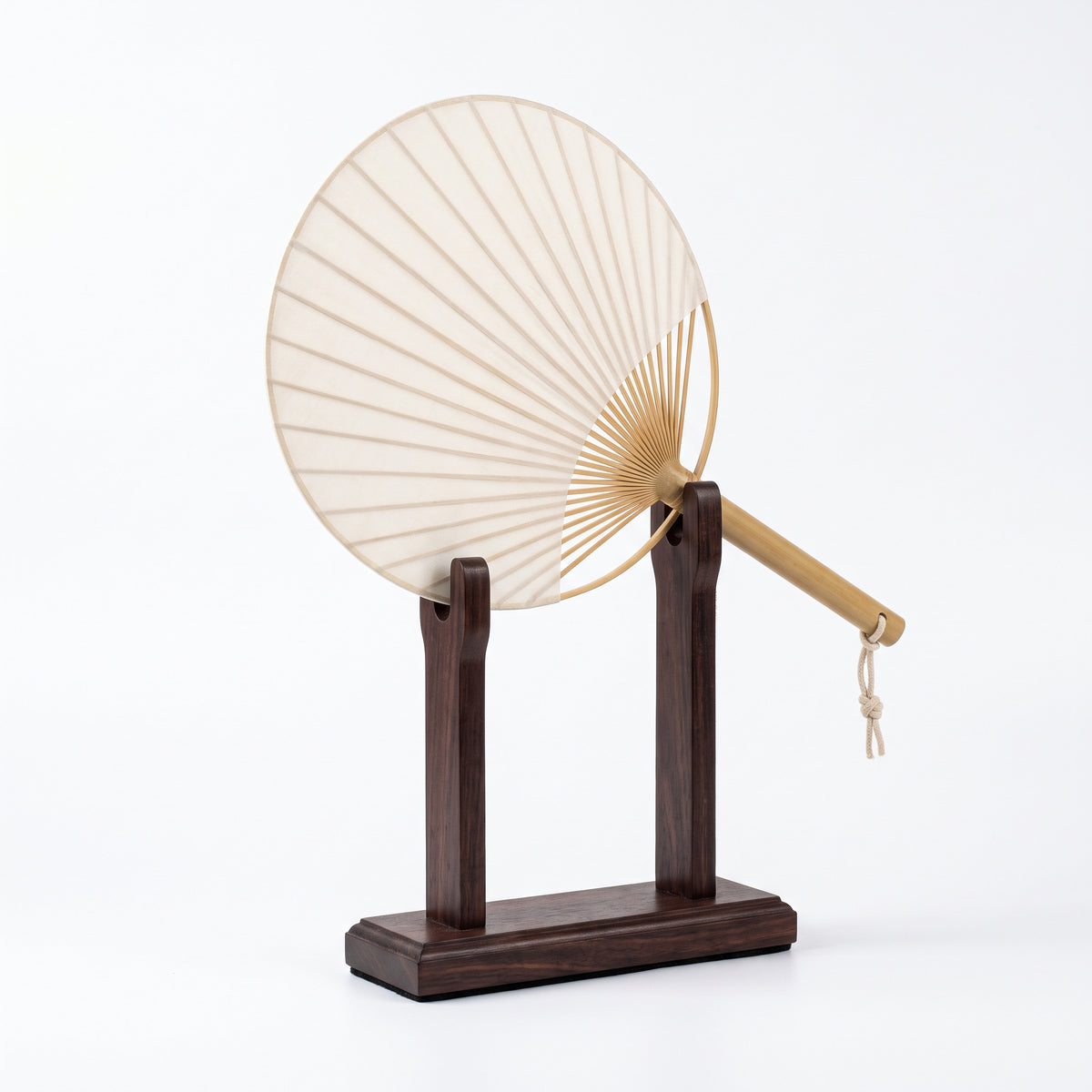The Round Fan & Stand — Handmade Bamboo Cotton-Linen Fan with Dark Wood Display Stand