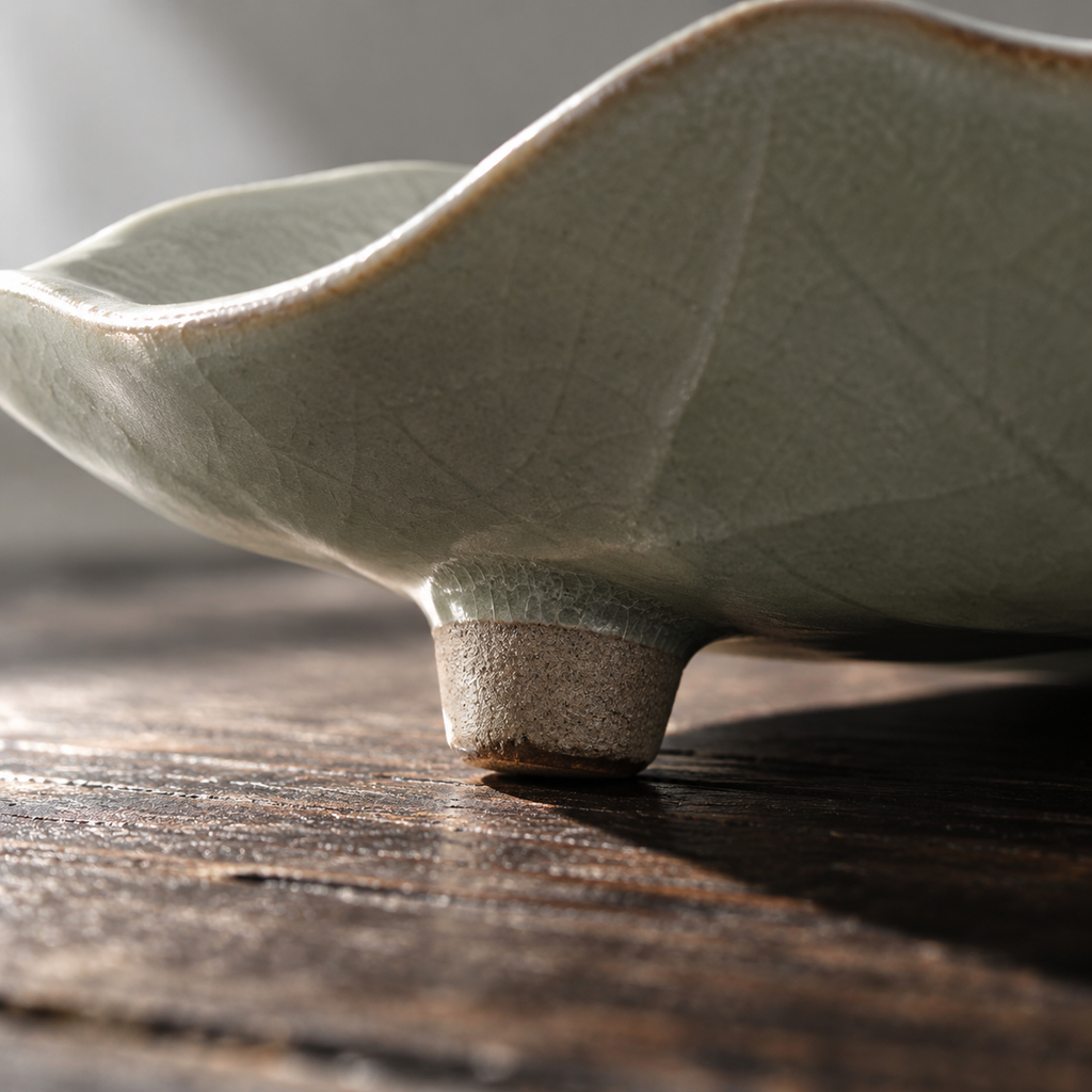 The Lotus Leaf — Hand-Thrown Crackled Celadon Lotus-Leaf Dish with Three Feet