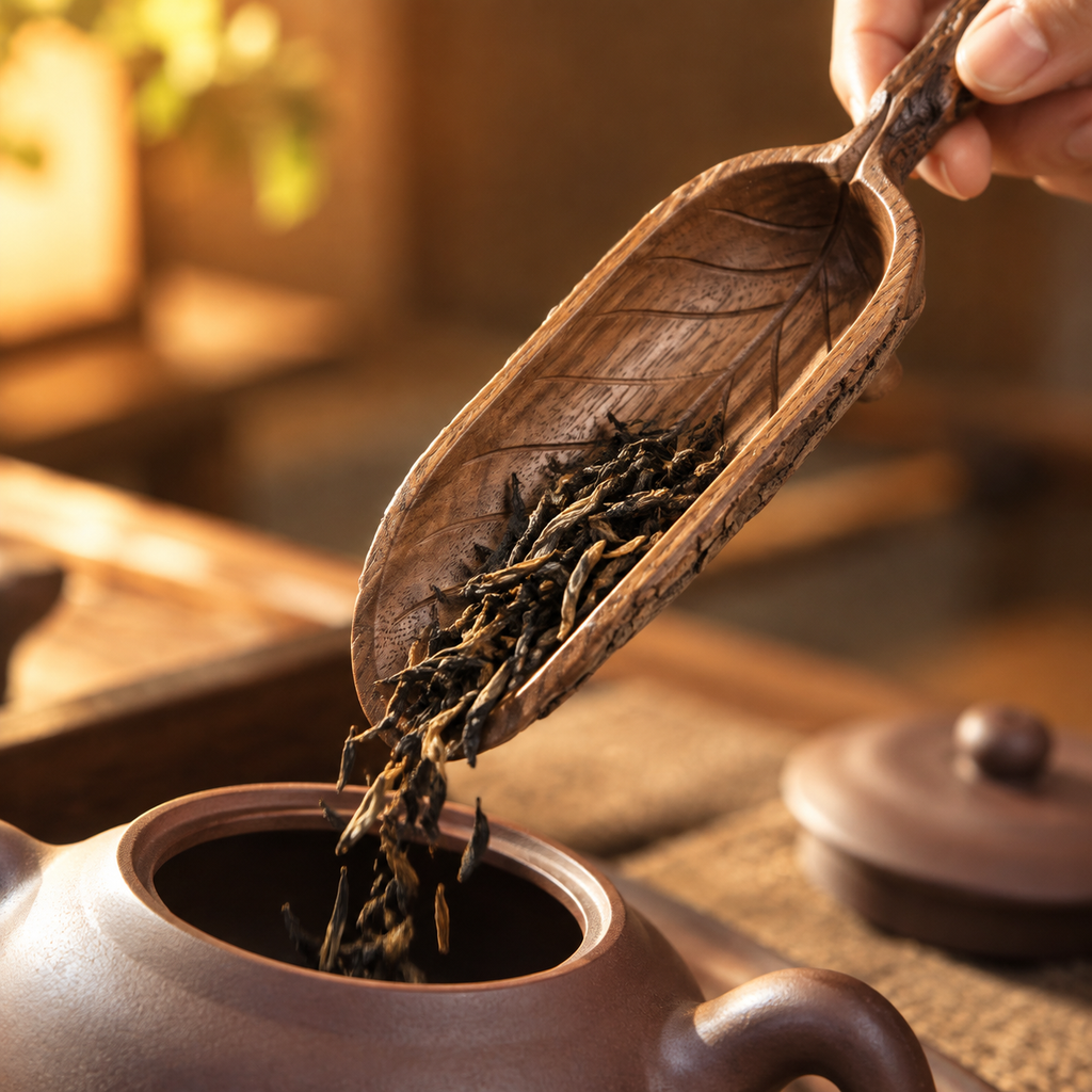 The Leaf Scoop — Hand-Carved Black Walnut Leaf-Shape Tea Scoop with Branch Handle