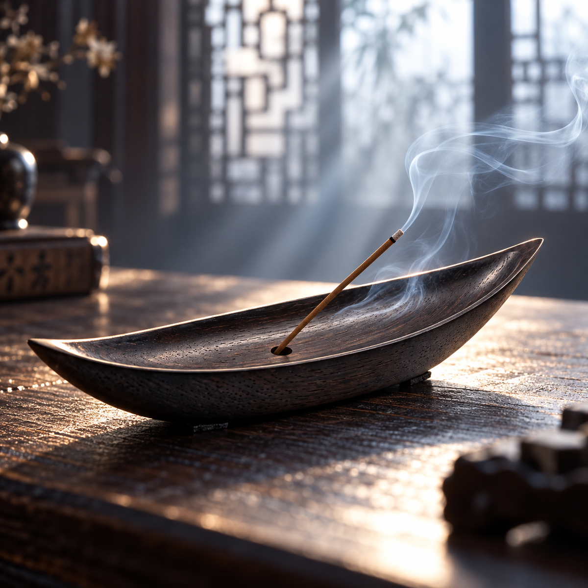 The Lone Boat — Hand-Carved Black Walnut Incense Holder