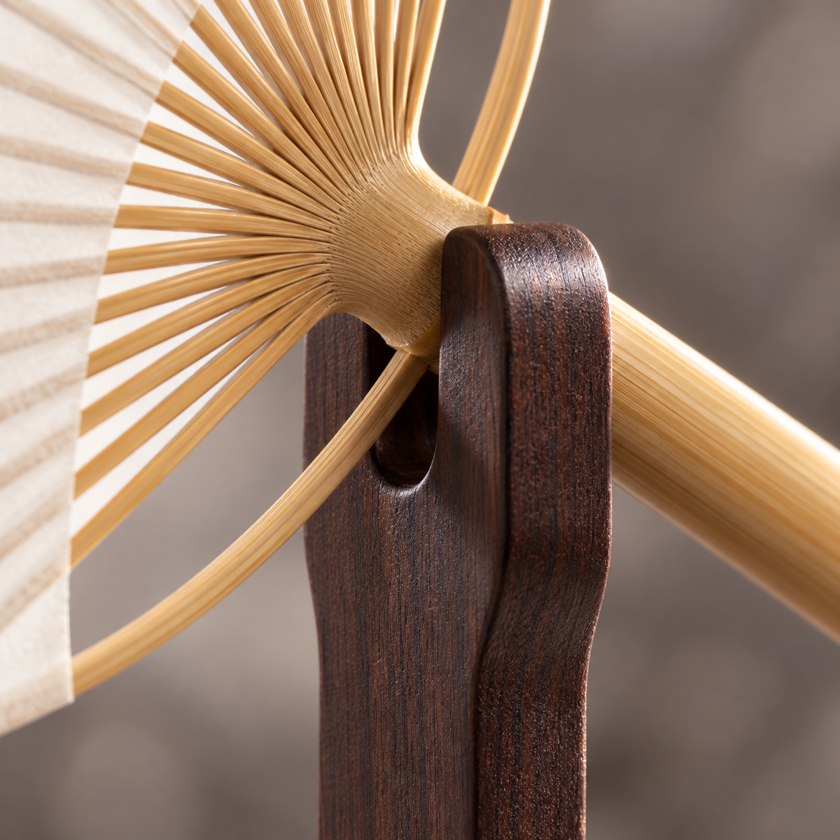 The Round Fan & Stand — Handmade Bamboo Cotton-Linen Fan with Dark Wood Display Stand