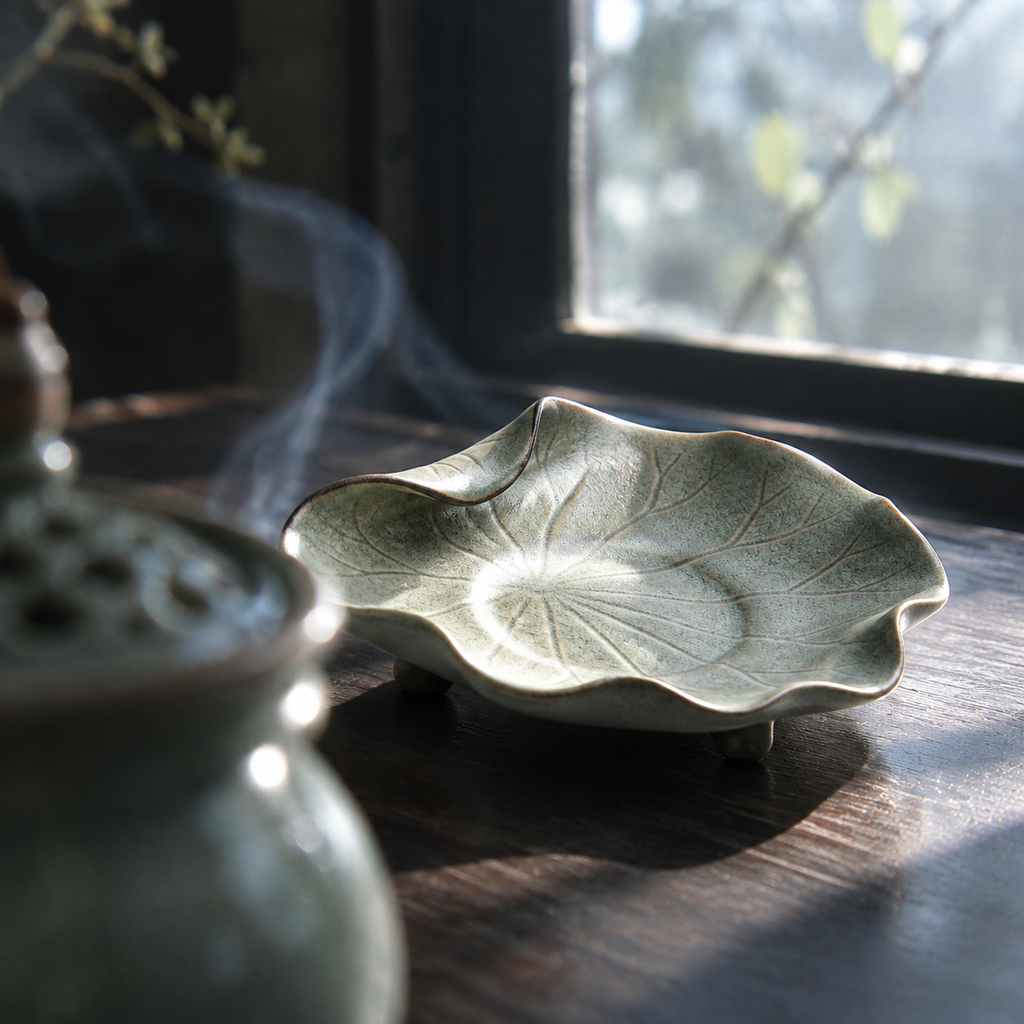 The Lotus Leaf — Hand-Thrown Crackled Celadon Lotus-Leaf Dish with Three Feet