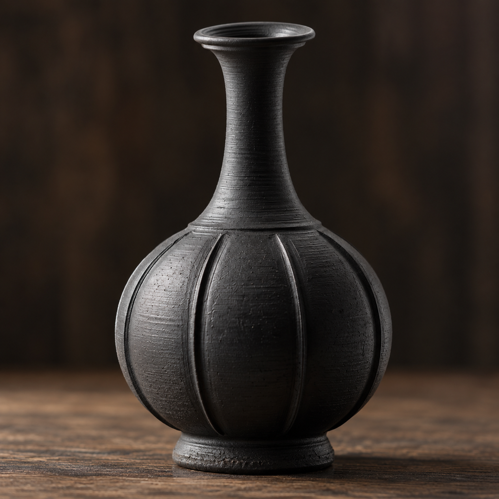 The Melon Vase — Hand-Thrown Black Stoneware Long-Neck Vase