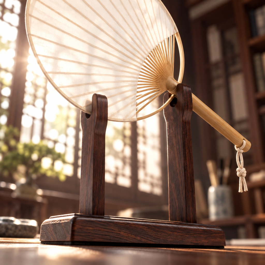 The Round Fan & Stand — Handmade Bamboo Cotton-Linen Fan with Dark Wood Display Stand