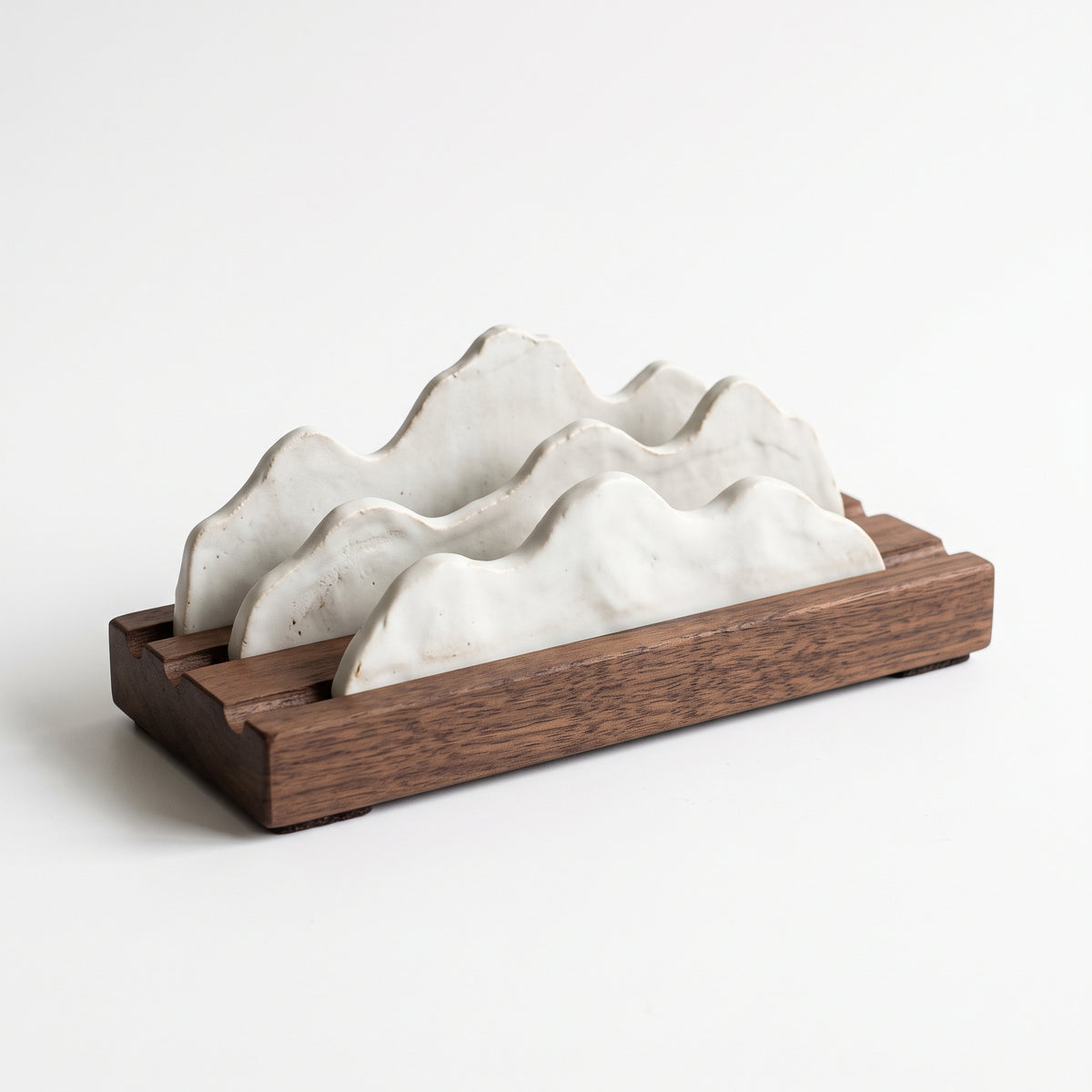 Misty Peaks — Handcrafted Porcelain Brush Rest in Black Walnut